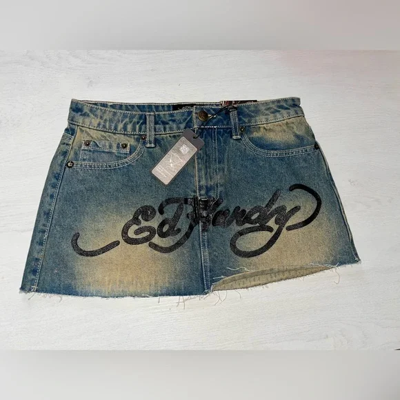 BNWT!! Ed Hardy Blue Denim Skirt with Graphic Design